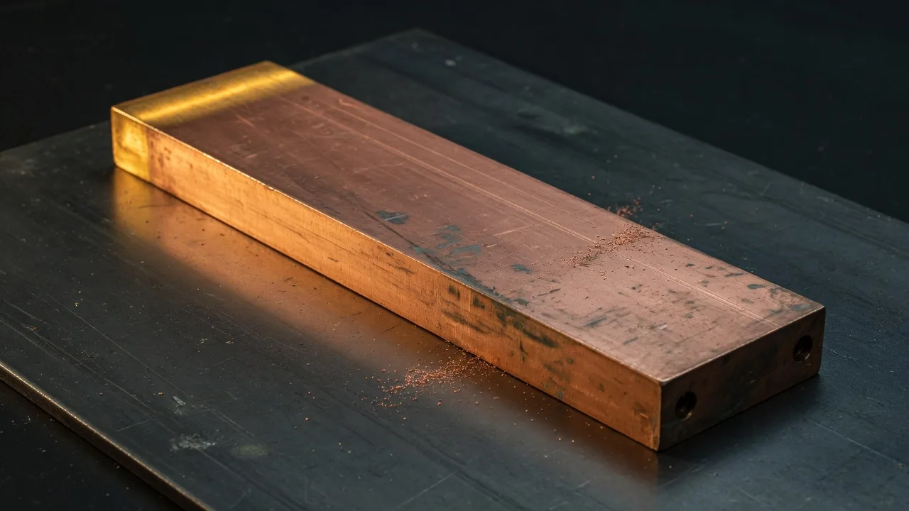 A thick copper busbar on dark steel, one end lit gold.